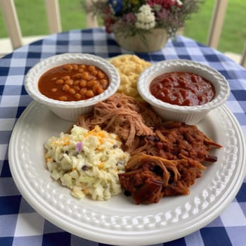 Baked beans, meat, and mayonnaise on a plate (ID: 001489)