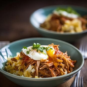 Bowls of homemade noodles with fried egg and vegetables on wooden background (ID: 001493)