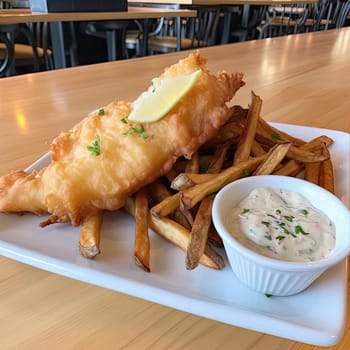 Fish and chips with tartar sauce on a white plate in a restaurant (ID: 001497)