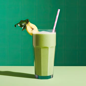 Green smoothie with banana and yogurt in a glass on a green background (ID: 001500)