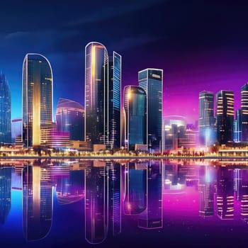 Night view of skyscrapers with reflection in water (ID: 001506)