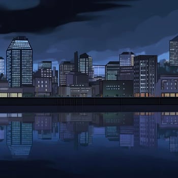 Cityscape at night with reflection on the water - vector illustration (ID: 001508)