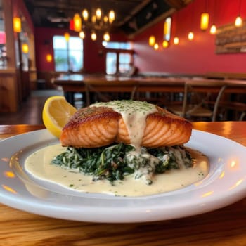 Grilled salmon steak with spinach and lemon on white plate in restaurant (ID: 001512)