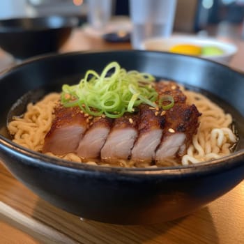 Japanese ramen noodle with pork meat in black bowl on wooden table (ID: 001516)