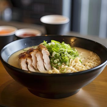 Japanese ramen noodle soup with roast duck in a black bowl (ID: 001517)