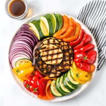 Vegetable salad with grilled eggplant, zucchini, peppers, and tomatoes on a white plate, top view (ID: 001523)