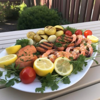 Grilled salmon, shrimps, potatoes and tomatoes on a white plate (ID: 001524)