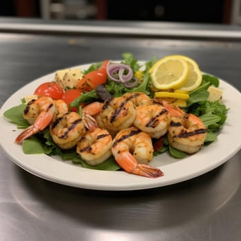 Grilled prawns on a white plate with salad and lemon (ID: 001525)