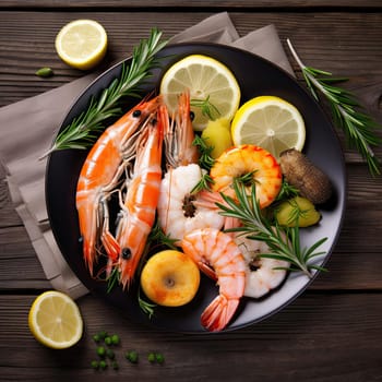 Seafood with lemon and rosemary on wooden background - top view (ID: 001526)