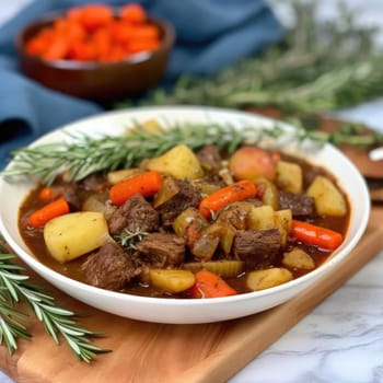Beef stew with potatoes, carrots, and rosemary in a bowl (ID: 001528)