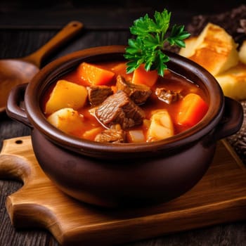 Beef stew with potatoes and carrots in a pot on a wooden background - selective focus (ID: 001529)