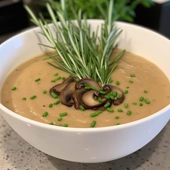 Mushroom soup in a bowl with rosemary and chives (ID: 001532)