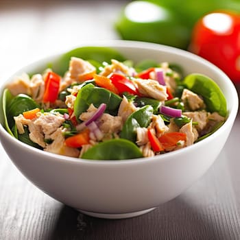 Fresh salad with chicken and vegetables in bowl on wooden table, closeup (ID: 001534)