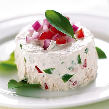 Cream cheese with herbs and vegetables on a white plate (ID: 001535)