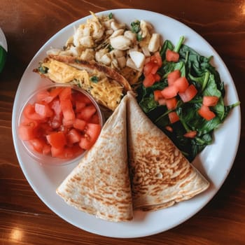 Pancakes with vegetables on a wooden table (ID: 001537)