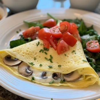 Omelet with mushrooms, tomatoesn, and spinach on a plate (ID: 001538)