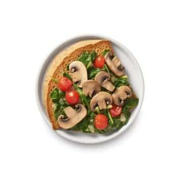 Plate with tasty salad and mushrooms on white background, top view (ID: 001540)