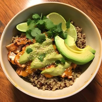 Buddha bowl with quinoa, avocado, chicken, and cilantro (ID: 001541)