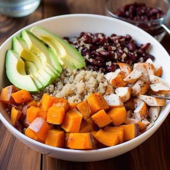 Bowl with quinoa, pumpkin, avocado, chicken, and red beans on a wooden table (ID: 001543)