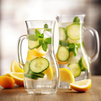 Refreshing lemonade with cucumber, lemon, and mint in a jug (ID: 001544)