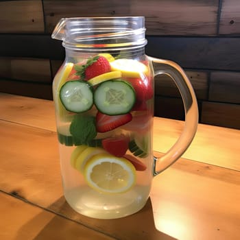 Detox water with fruits and vegetables in a jar on a wooden table (ID: 001546)