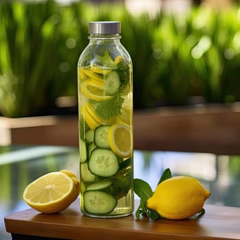 Detox water with cucumber, lemon, and mint in glass bottle (ID: 001548)