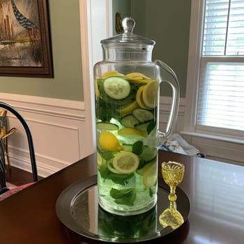 Lemonade with cucumber, lemon, and mint in a glass jug (ID: 001550)