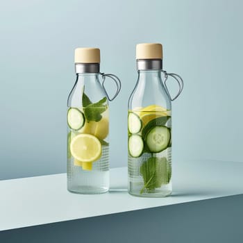 Two bottles of water with cucumber, lemon, and mint on blue background (ID: 001551)