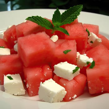 Watermelon salad with feta cheese and mint on a white plate (ID: 001552)