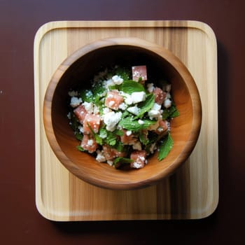 Salmon salad with spinach and feta cheese in a wooden bowl (ID: 001553)