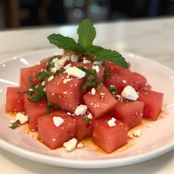 Watermelon salad with feta cheese and mint on a white plate (ID: 001554)