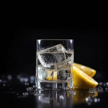 Glass of whiskey with ice cubes, lemon, and water drops on black background (ID: 001555)