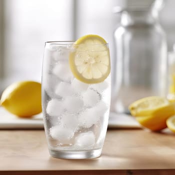 Glass of lemonade with ice cubes and lemon on wooden table, closeup (ID: 001556)