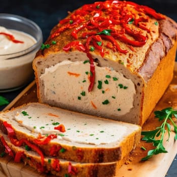 Slices of bread with chicken liver pate on a cutting board (ID: 001562)