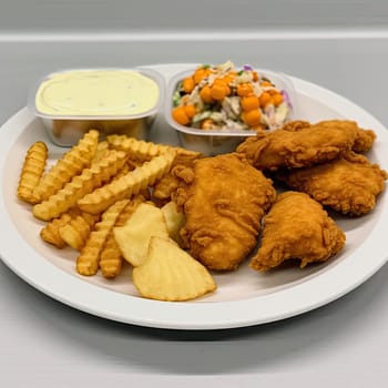 Fried chicken with french fries and salad on white plate (ID: 001564)