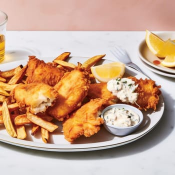 Fish and chips with lemon and tartar sauce on white marble table (ID: 001565)