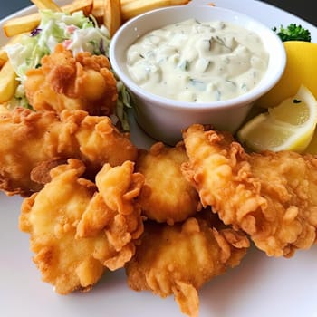 Fish and chips with tartar sauce on a white plate, close-up (ID: 001566)