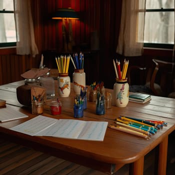 School supplies on a wooden table in a room with a window (ID: 001567)