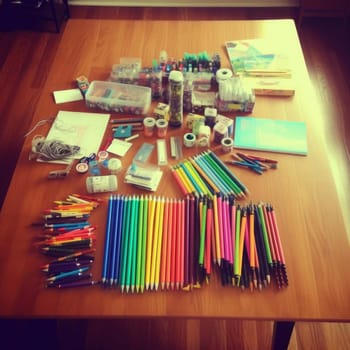 Colored pencils and other stationery on a wooden table (ID: 001569)