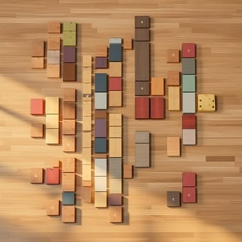Top view of wooden toy blocks arranged in a row on wooden floor (ID: 001573)