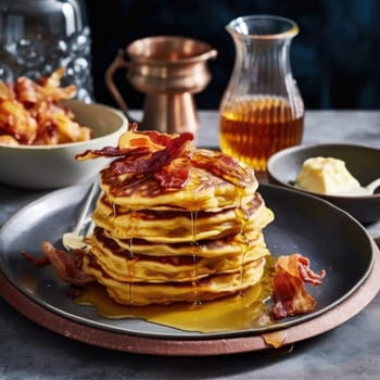 Pancakes with bacon and honey on a plate - selective focus (ID: 001576)