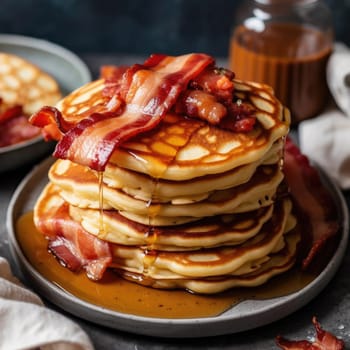 Stack of pancakes with bacon and maple syrup on a dark background (ID: 001578)