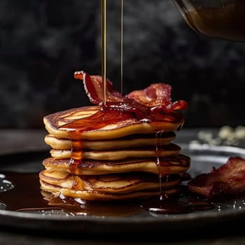 Pancakes with maple syrup and bacon on a dark background (ID: 001579)