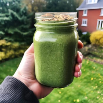 Healthy green smoothie in a glass jar (ID: 001581)