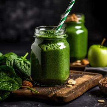 Healthy green smoothie with spinach, apple, and nuts in glass jar on dark background (ID: 001583)