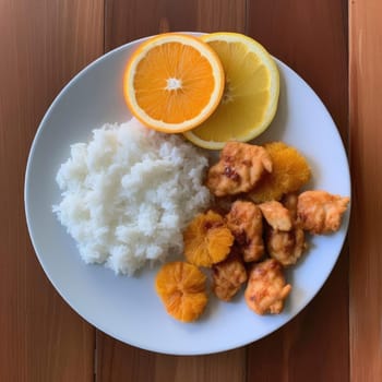Crispy fried chicken with rice and orange on wooden background (ID: 001585)