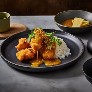 Fried chicken with sweet sauce and rice on a dark background (ID: 001586)