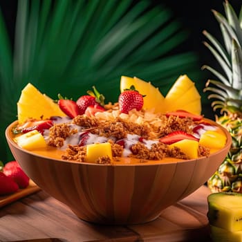 Granola with fresh fruits and berries in bowl on wooden table (ID: 001589)