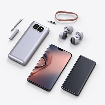 Smartphone and earphones on white background - 3D rendering (ID: 001597)