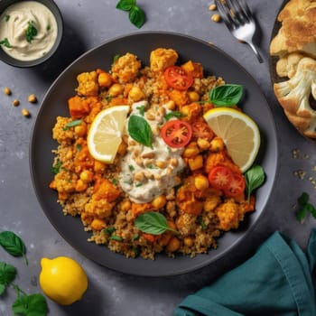 Couscous with chickpeas and vegetables in a plate - top view (ID: 001602)